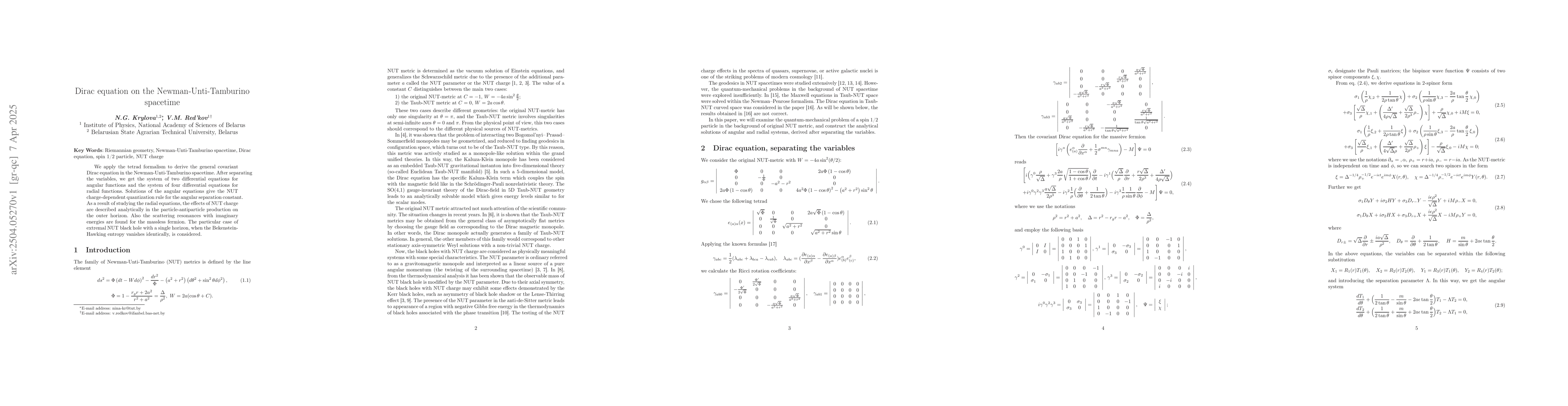 Thumbnail for Dirac equation on the Newman-Unti-Tamburino spacetime