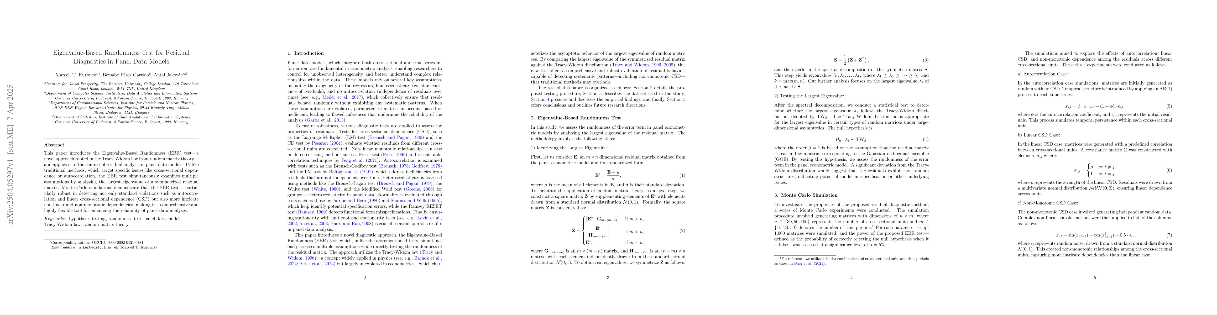 Thumbnail for Eigenvalue-Based Randomness Test for Residual Diagnostics in Panel Data
  Models
