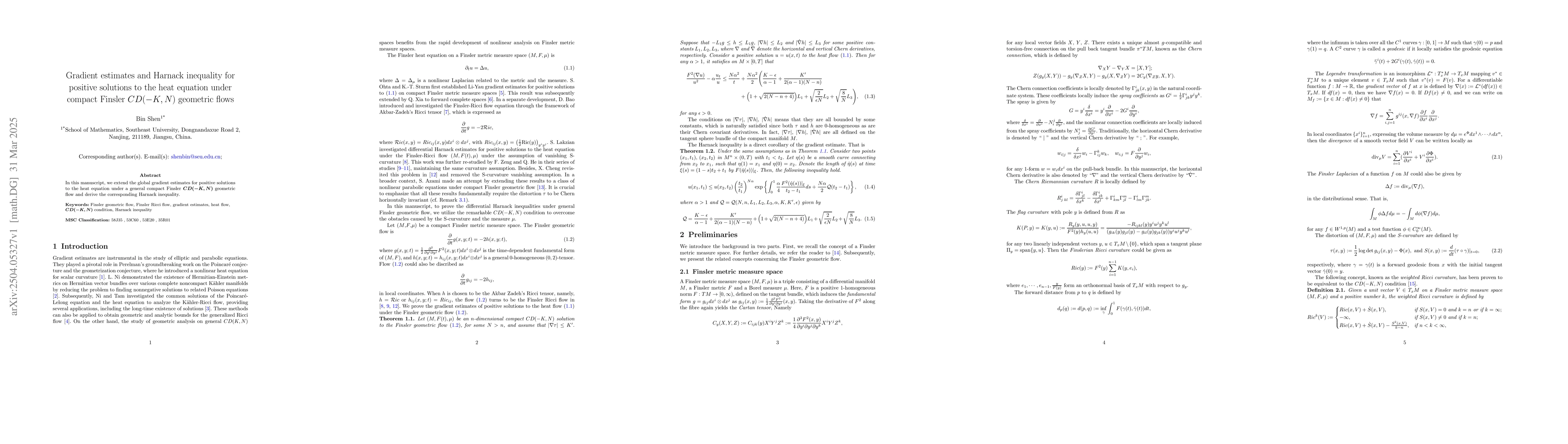 Thumbnail for Gradient estimates and Harnack inequality for positive solutions to the
  heat equation under compact Finsler $CD(-K,N)$ geometric flows