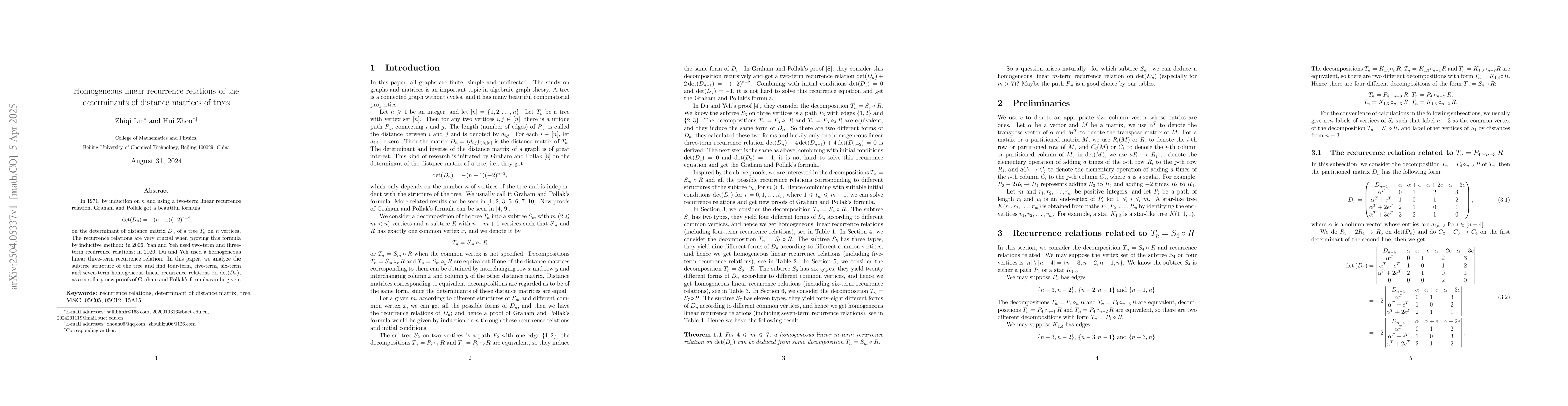 Thumbnail for Homogeneous linear recurrence relations of the determinants of distance
  matrices of trees