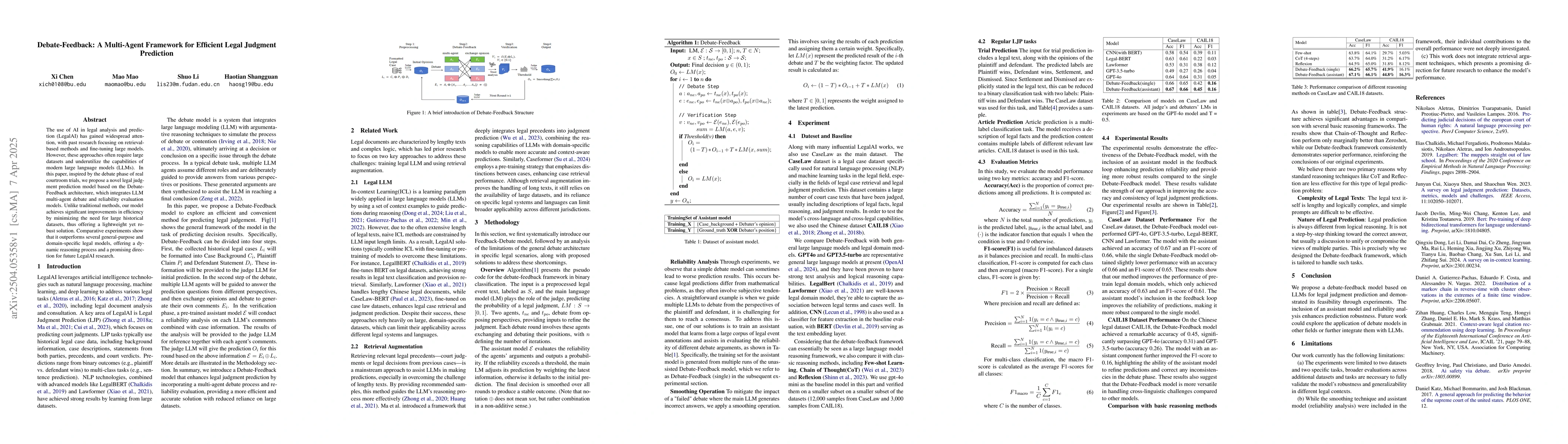 Thumbnail for Debate-Feedback: A Multi-Agent Framework for Efficient Legal Judgment
  Prediction