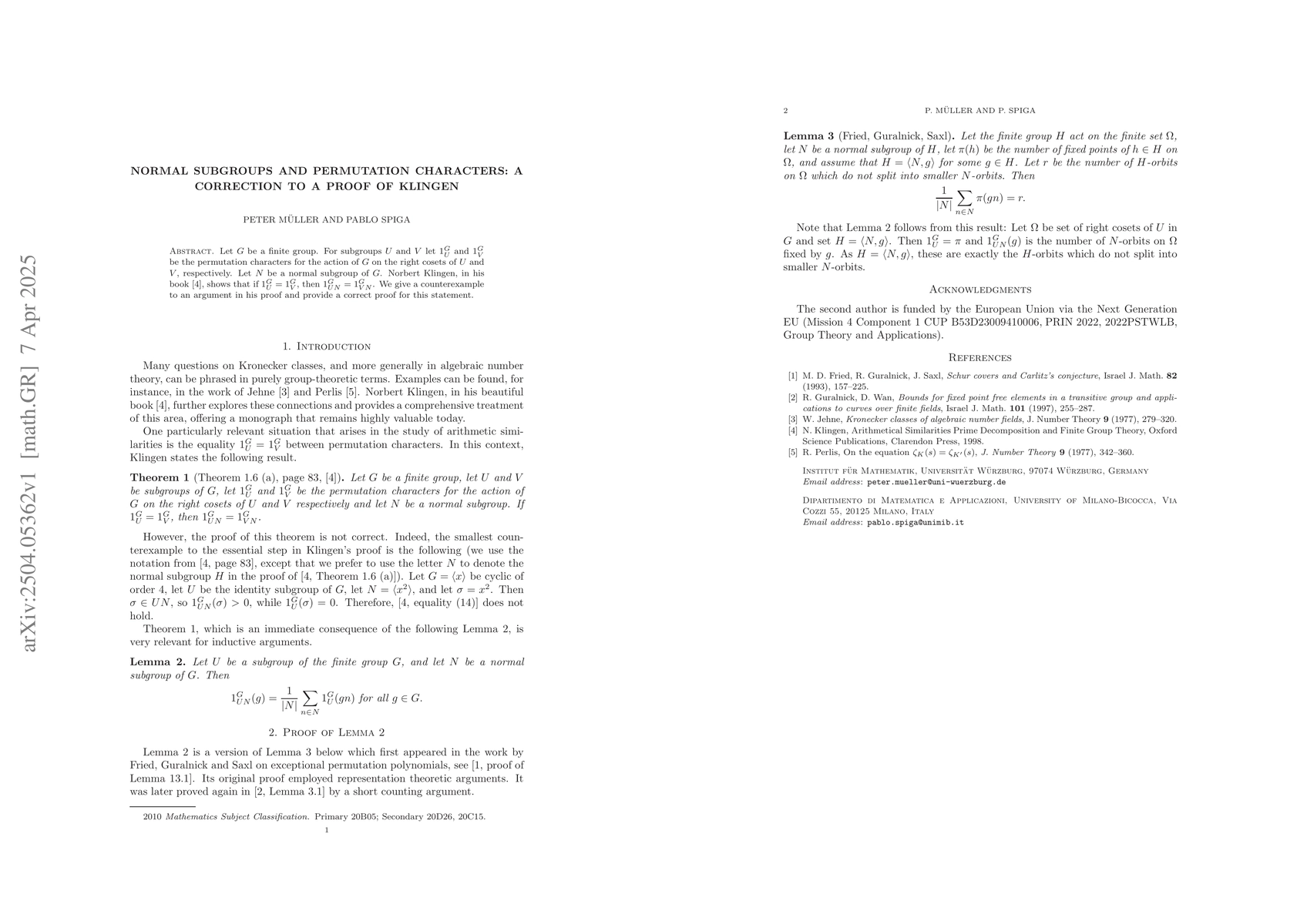 Thumbnail for Normal subgroups and permutation characters: a correction to a proof of
  Klingen