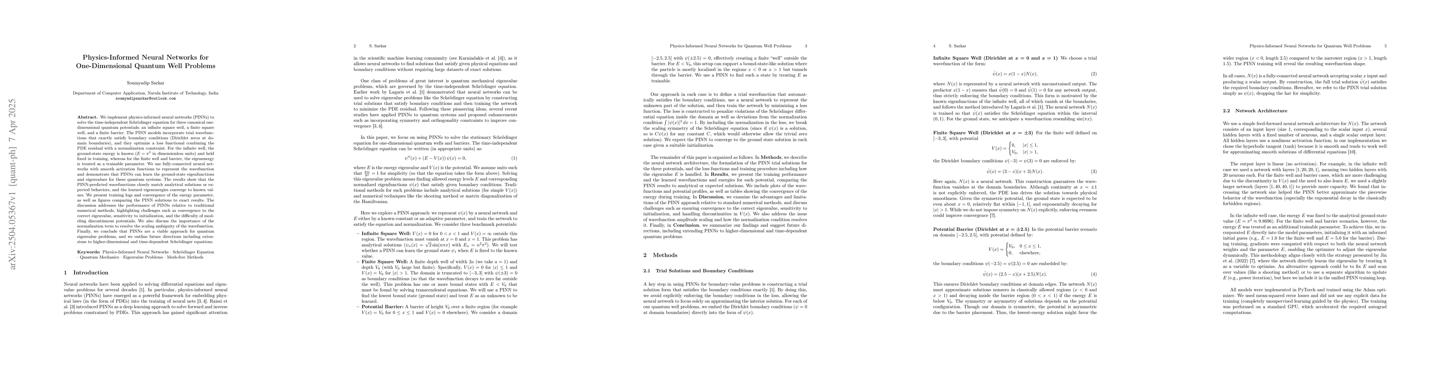 Thumbnail for Physics-Informed Neural Networks for One-Dimensional Quantum Well
  Problems
