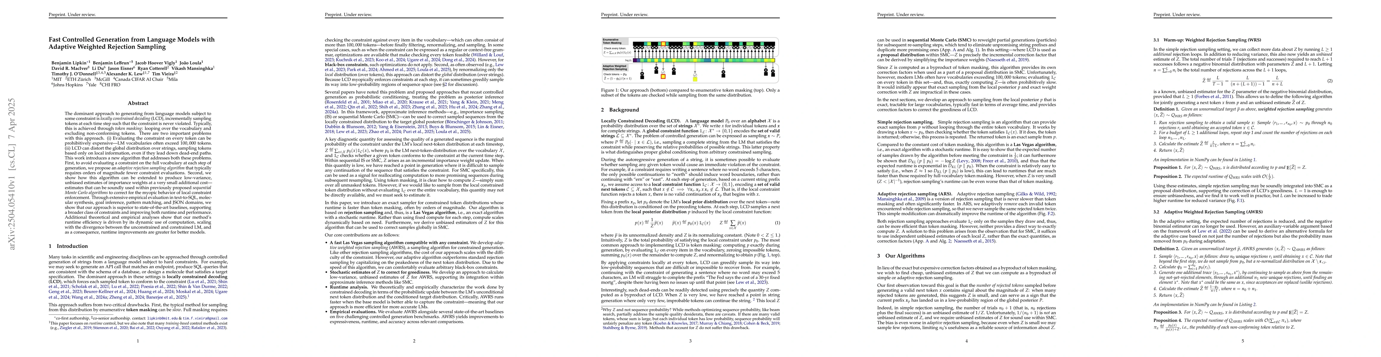 Thumbnail for Fast Controlled Generation from Language Models with Adaptive Weighted
  Rejection Sampling