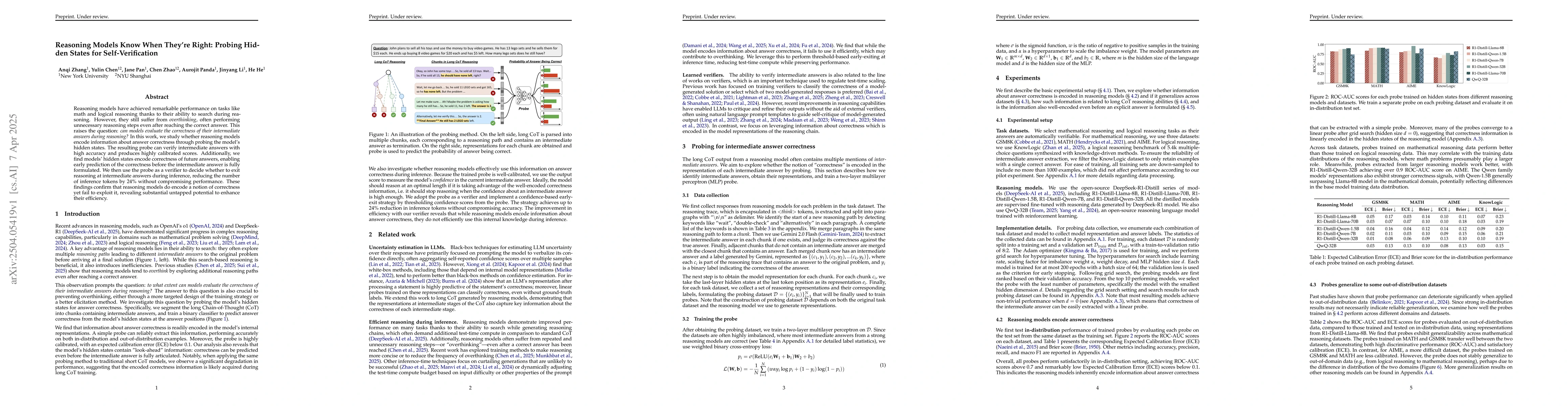 Thumbnail for Reasoning Models Know When They're Right: Probing Hidden States for
  Self-Verification