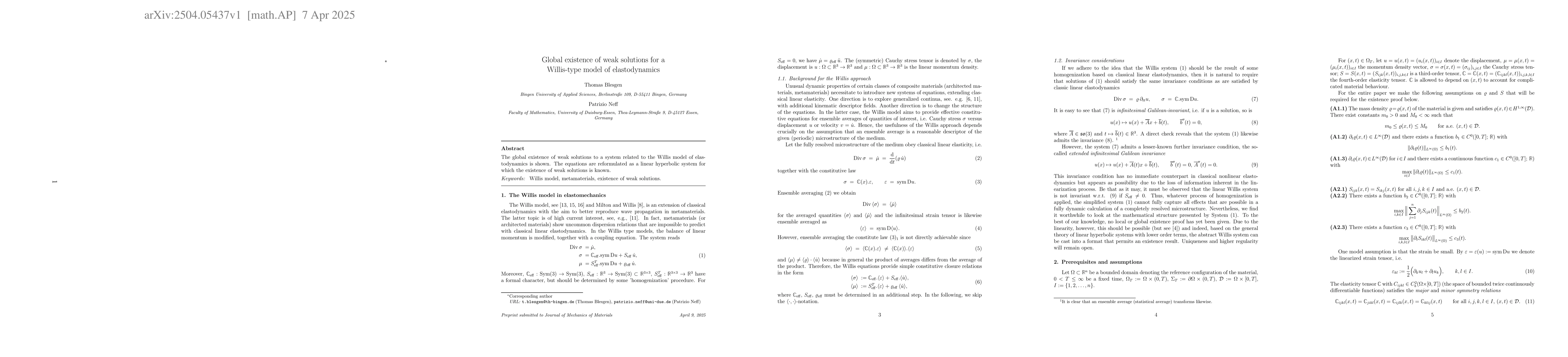 Thumbnail for Global existence of weak solutions for a Willis-type model of
  elastodynamics