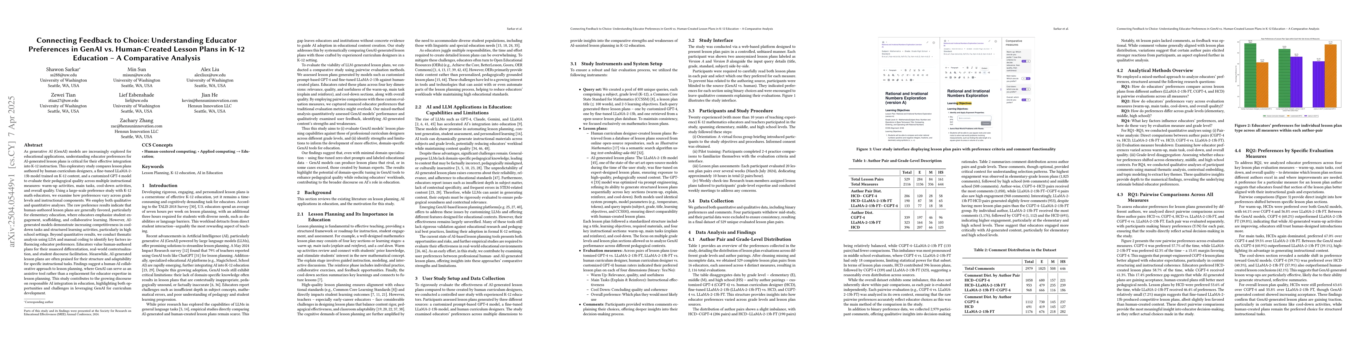Thumbnail for Connecting Feedback to Choice: Understanding Educator Preferences in
  GenAI vs. Human-Created Lesson Plans in K-12 Education -- A Comparative
  Analysis