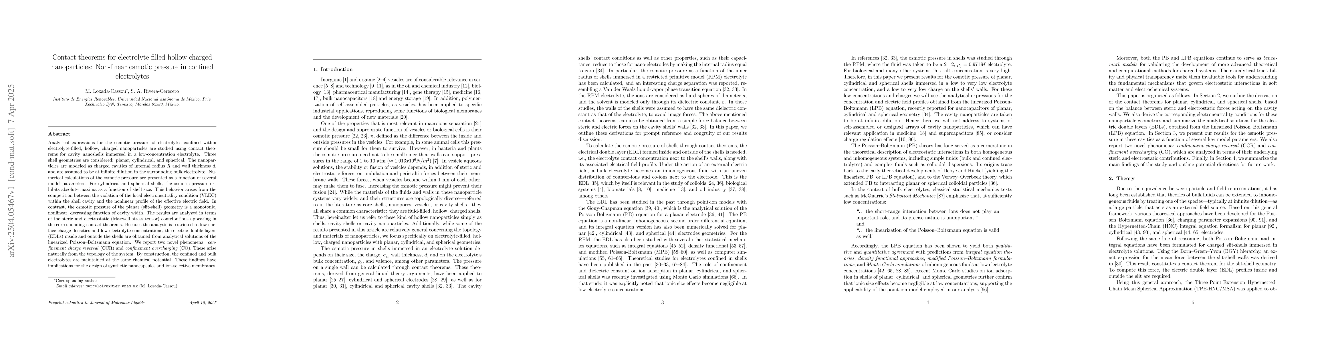 Thumbnail for Contact theorems for electrolyte-filled hollow charged nanoparticles:
  Non-linear osmotic pressure in confined electrolytes
