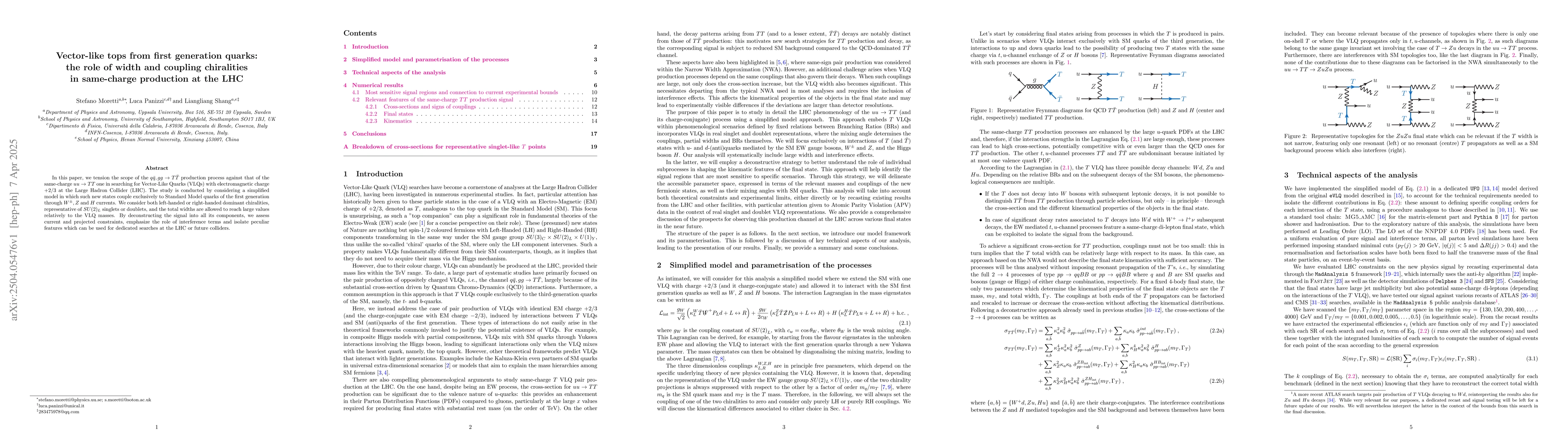 Thumbnail for Vector-like tops from first generation quarks: the role of width and
  coupling chiralities in same-charge production at the LHC