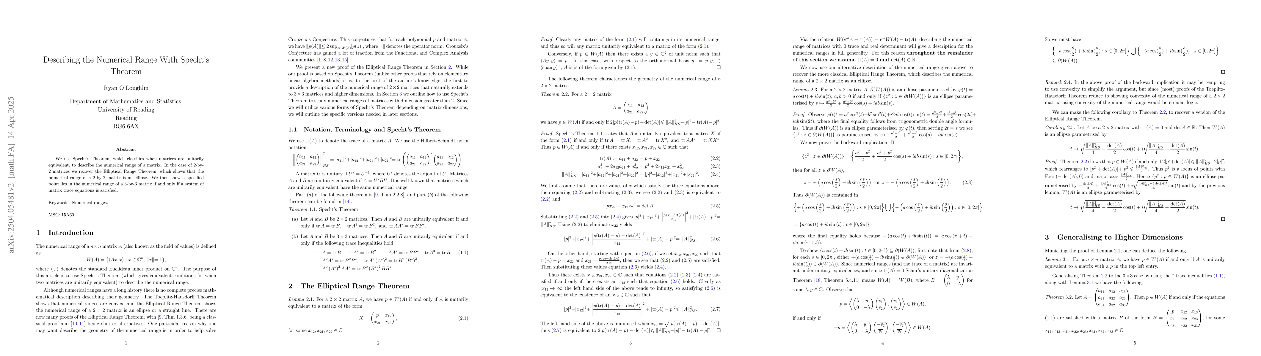 Thumbnail for Describing the Numerical Range With Specht's Theorem