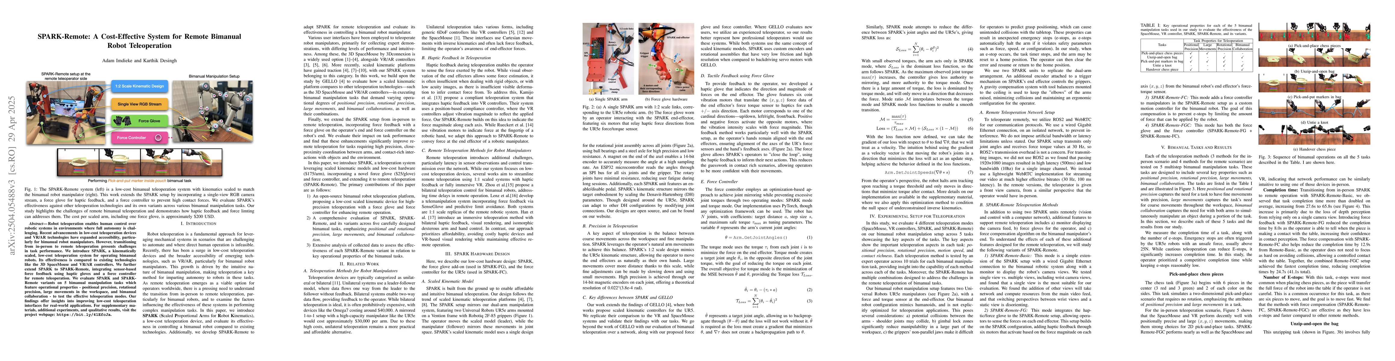 Thumbnail for SPARK-Remote: A Cost-Effective System for Remote Bimanual Robot
  Teleoperation