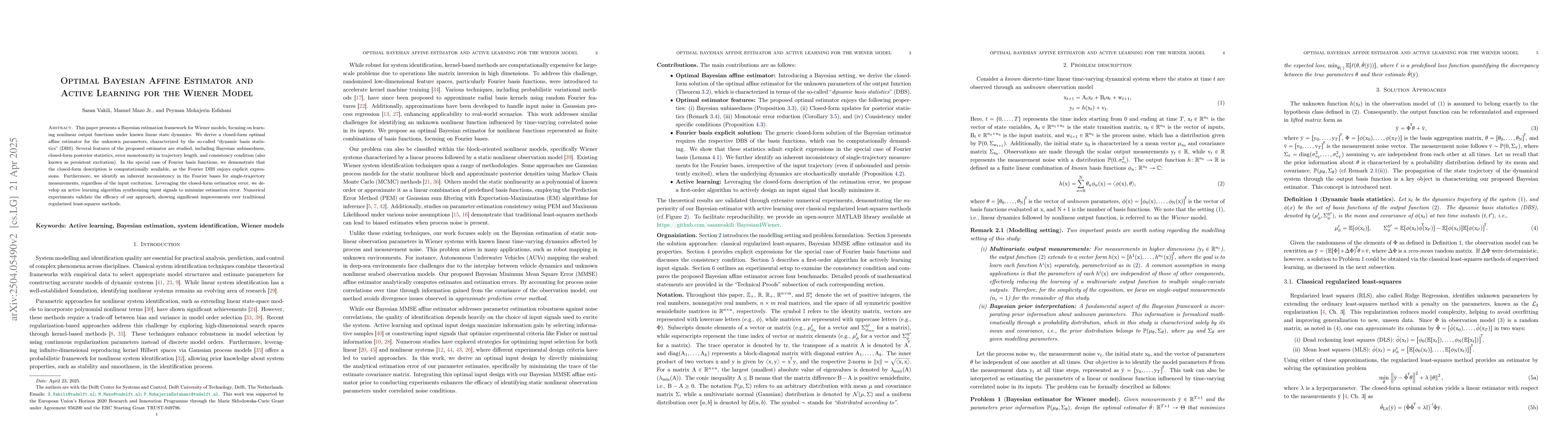 Thumbnail for Optimal Bayesian Affine Estimator and Active Learning for the Wiener
  Model