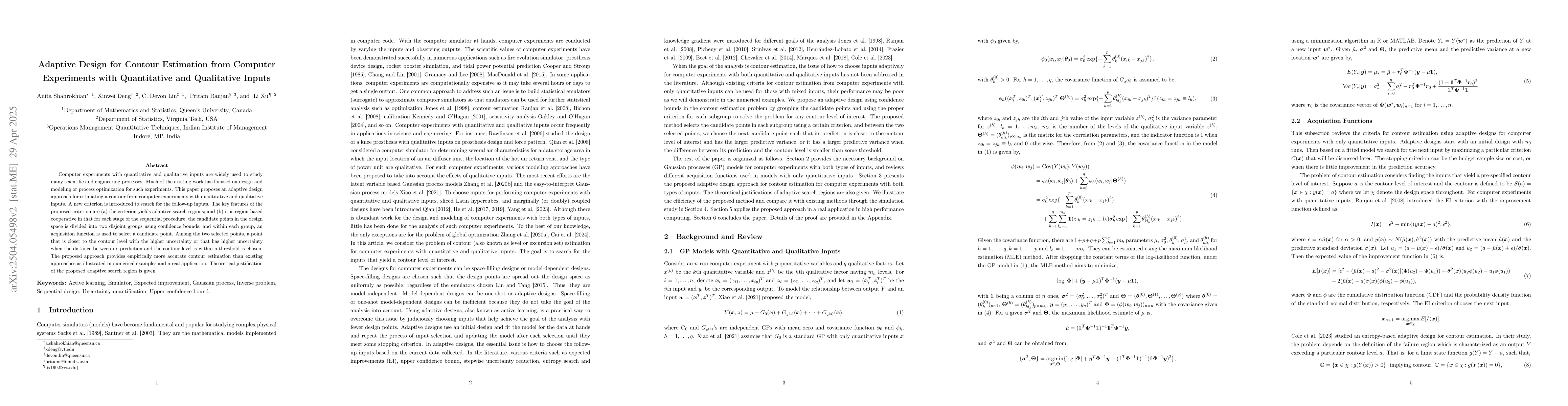 Thumbnail for Adaptive Design for Contour Estimation from Computer Experiments with
  Quantitative and Qualitative Inputs