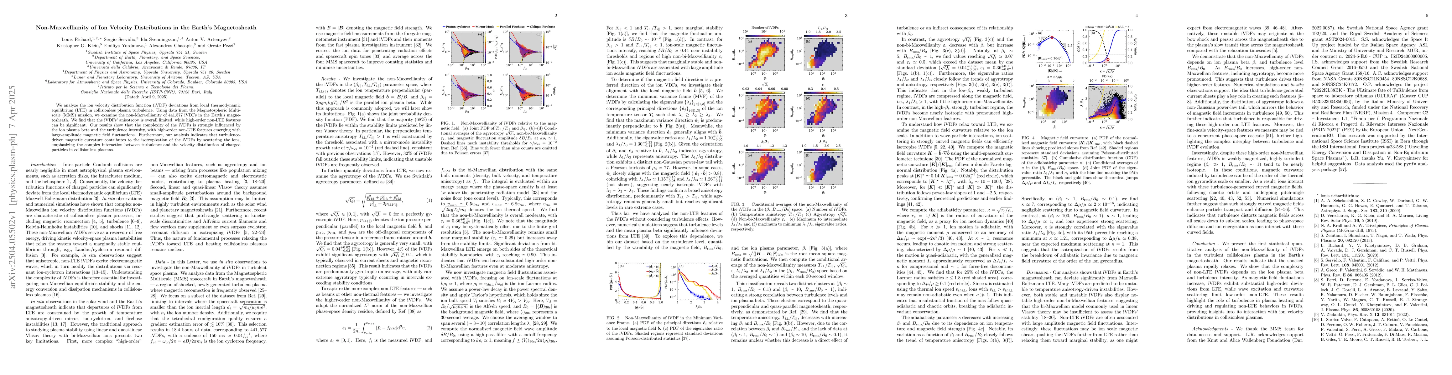 Thumbnail for Non-Maxwellianity of Ion Velocity Distributions in the Earth's
  Magnetosheath
