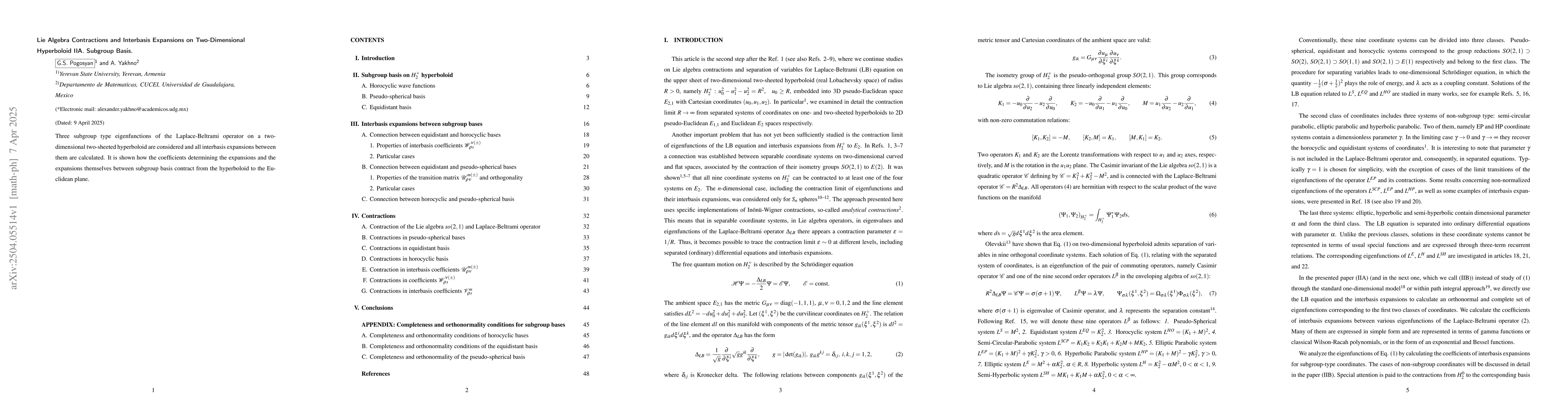 Thumbnail for Lie Algebra Contractions and Interbasis Expansions on Two-Dimensional
  Hyperboloid IIA. Subgroup Basis