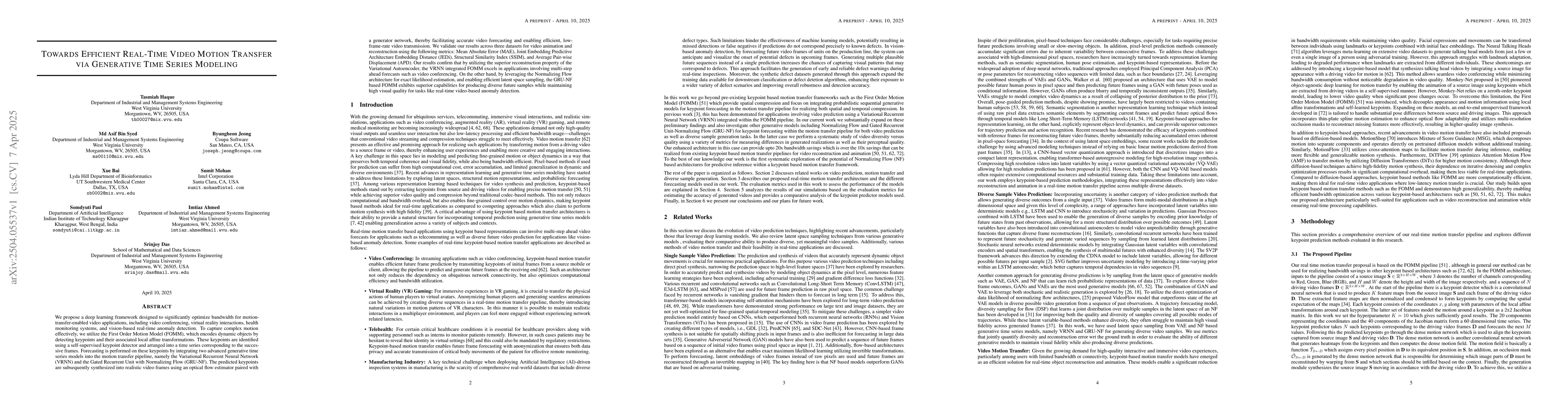 Thumbnail for Towards Efficient Real-Time Video Motion Transfer via Generative Time
  Series Modeling