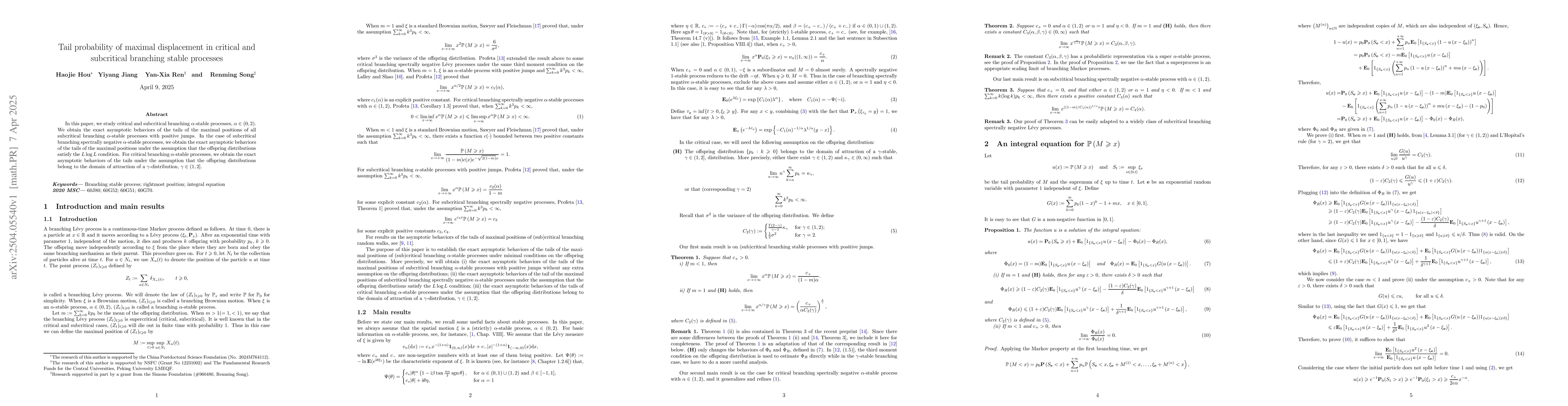 Thumbnail for Tail probability of maximal displacement in critical and subcritical
  branching stable processes