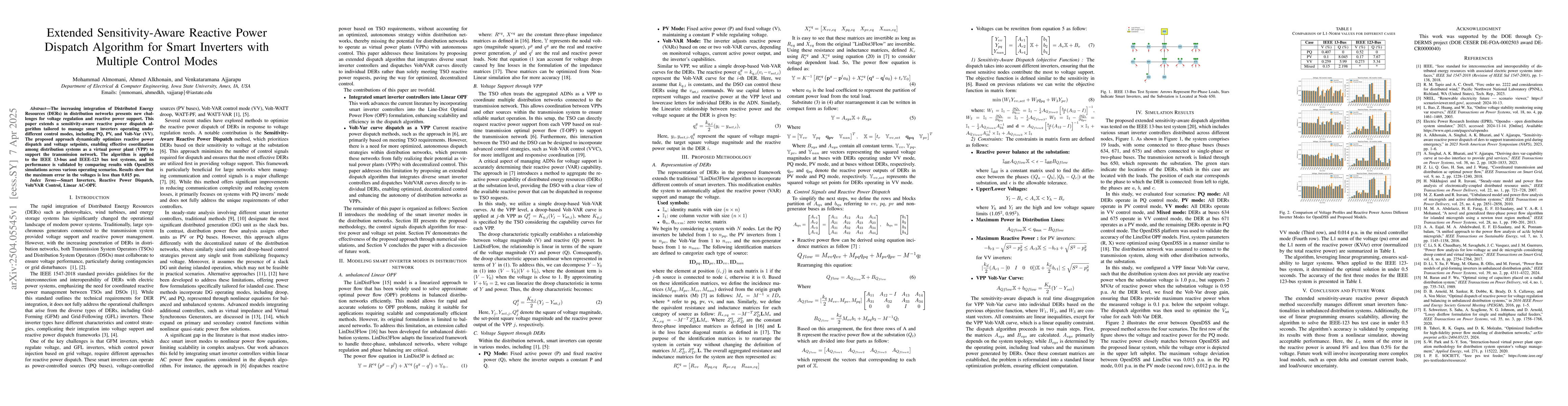 Thumbnail for Extended Sensitivity-Aware Reactive Power Dispatch Algorithm for Smart
  Inverters with Multiple Control Modes