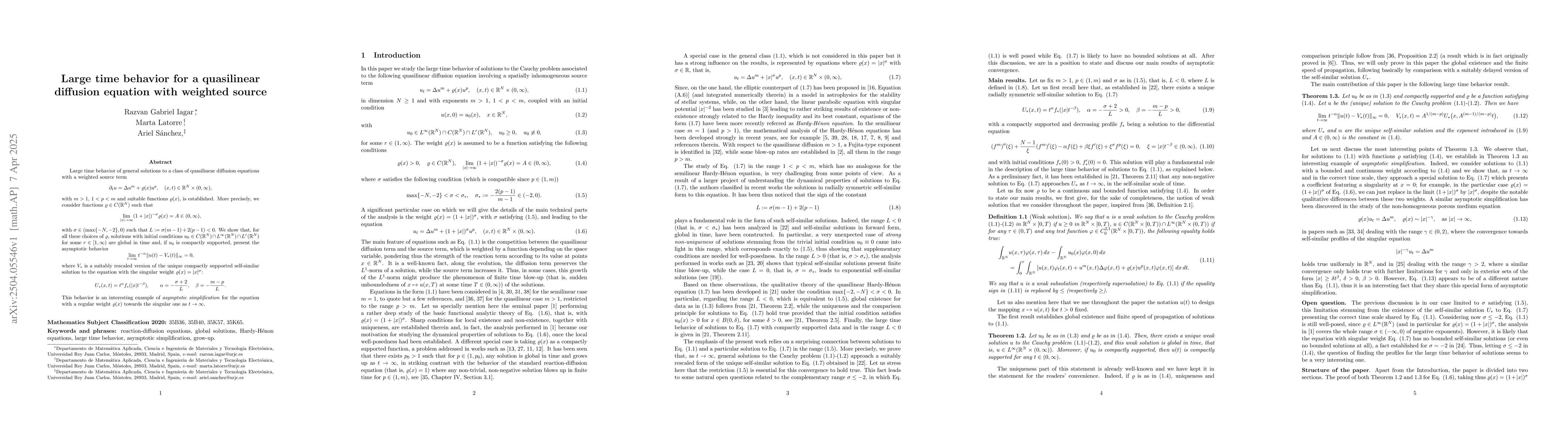 Thumbnail for Large time behavior for a quasilinear diffusion equation with weighted
  source