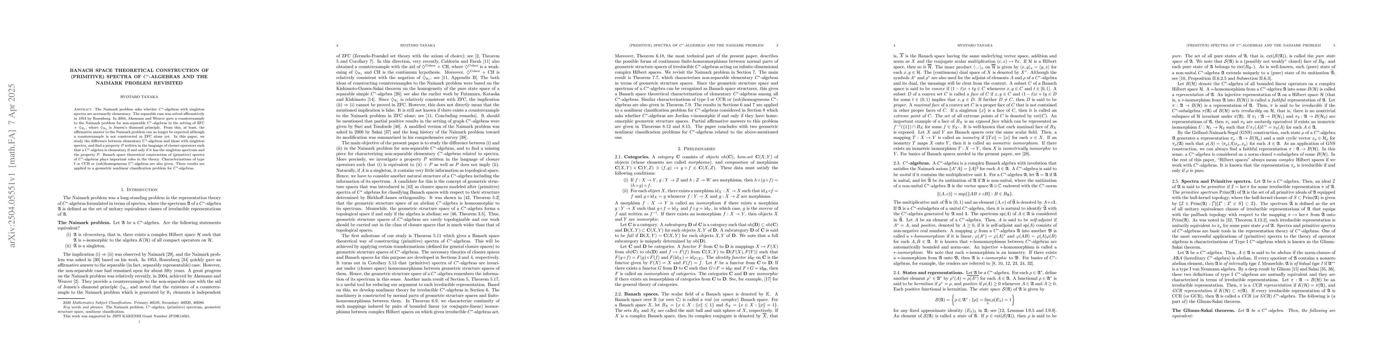 Thumbnail for Banach space theoretical construction of (primitive) spectra of
  $C^*$-algebras and the Naimark problem revisited