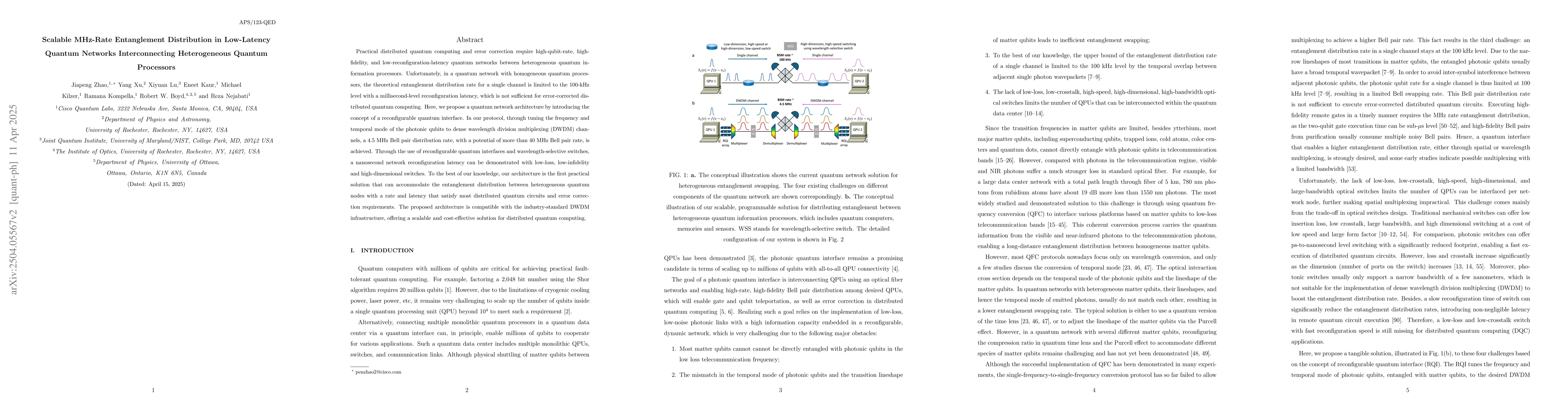 Thumbnail for Scalable MHz-Rate Entanglement Distribution in Low-Latency Quantum
  Networks Interconnecting Heterogeneous Quantum Processors