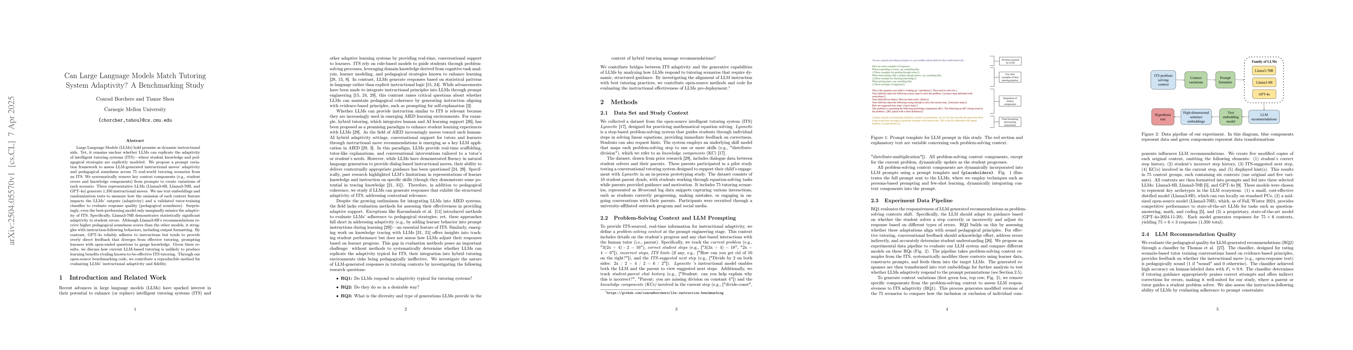 Thumbnail for Can Large Language Models Match Tutoring System Adaptivity? A
  Benchmarking Study