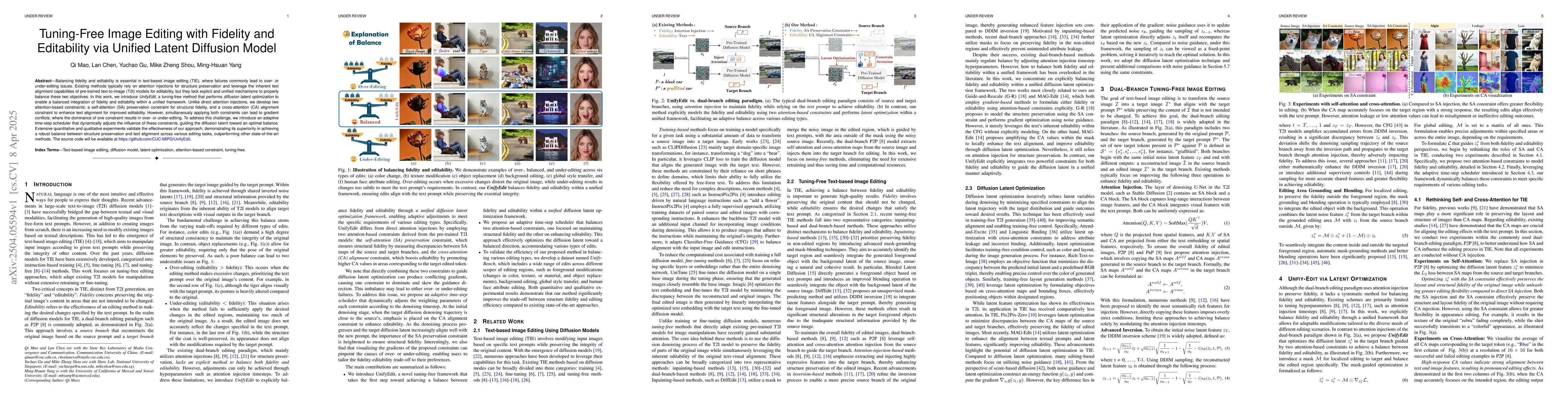 Thumbnail for Tuning-Free Image Editing with Fidelity and Editability via Unified
  Latent Diffusion Model