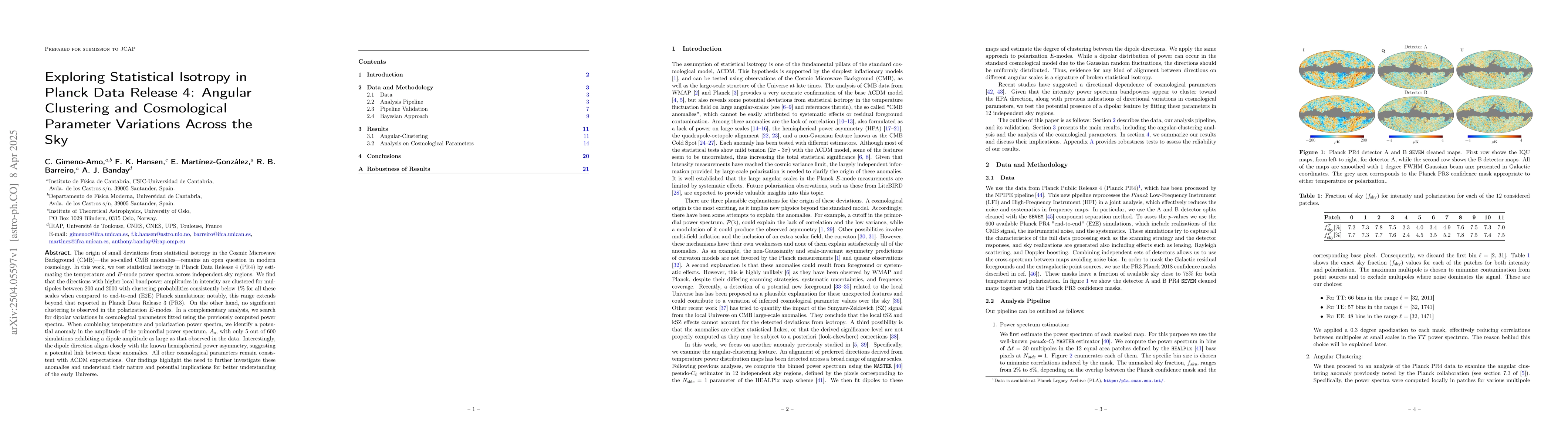 Thumbnail for Exploring Statistical Isotropy in Planck Data Release 4: Angular
  Clustering and Cosmological Parameter Variations Across the Sky