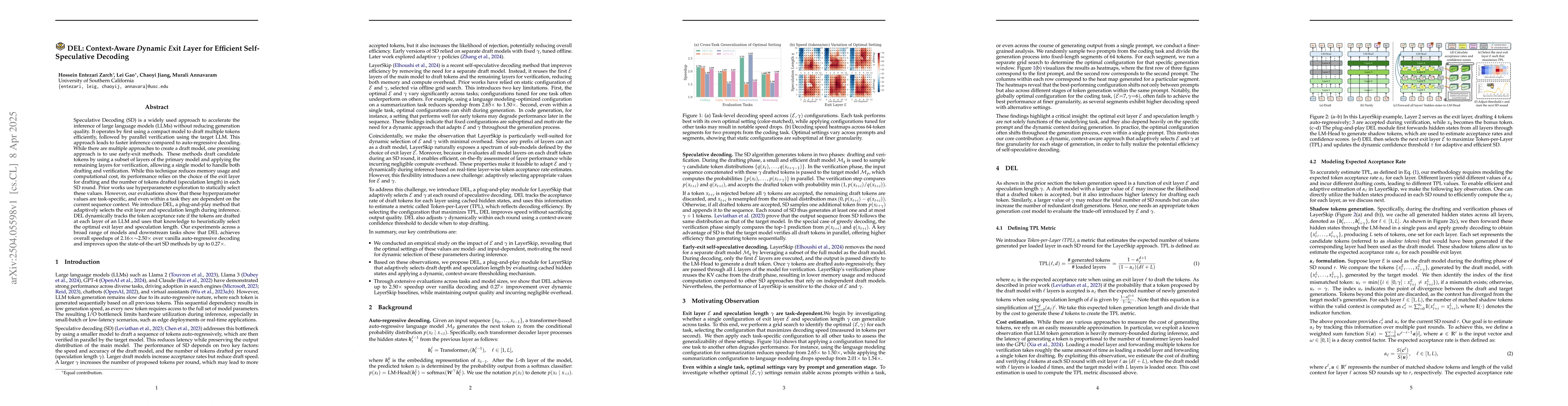 Thumbnail for DEL: Context-Aware Dynamic Exit Layer for Efficient Self-Speculative
  Decoding