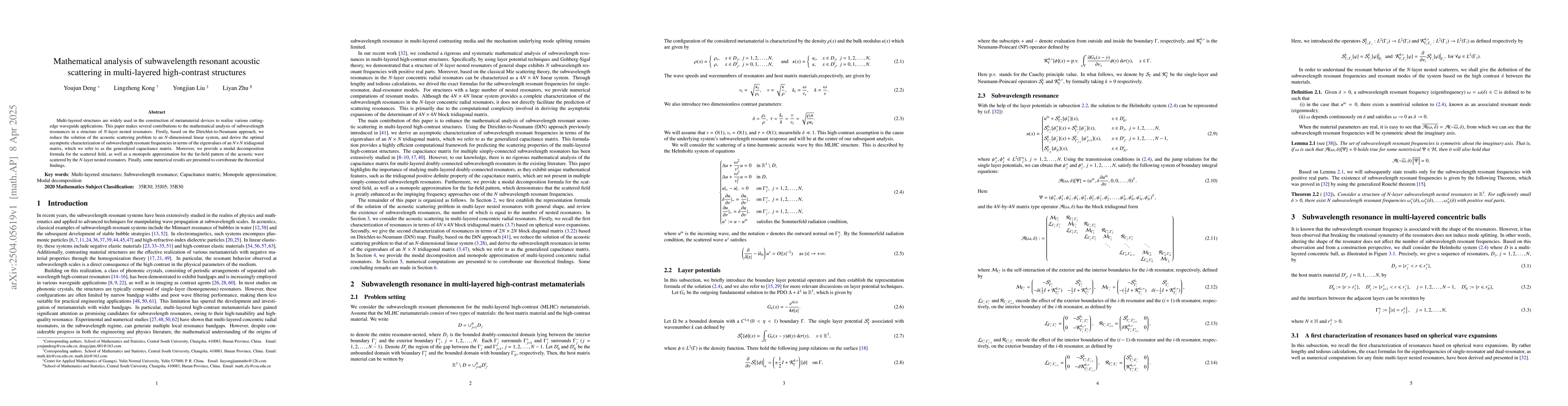 Thumbnail for Mathematical analysis of subwavelength resonant acoustic scattering in
  multi-layered high-contrast structures