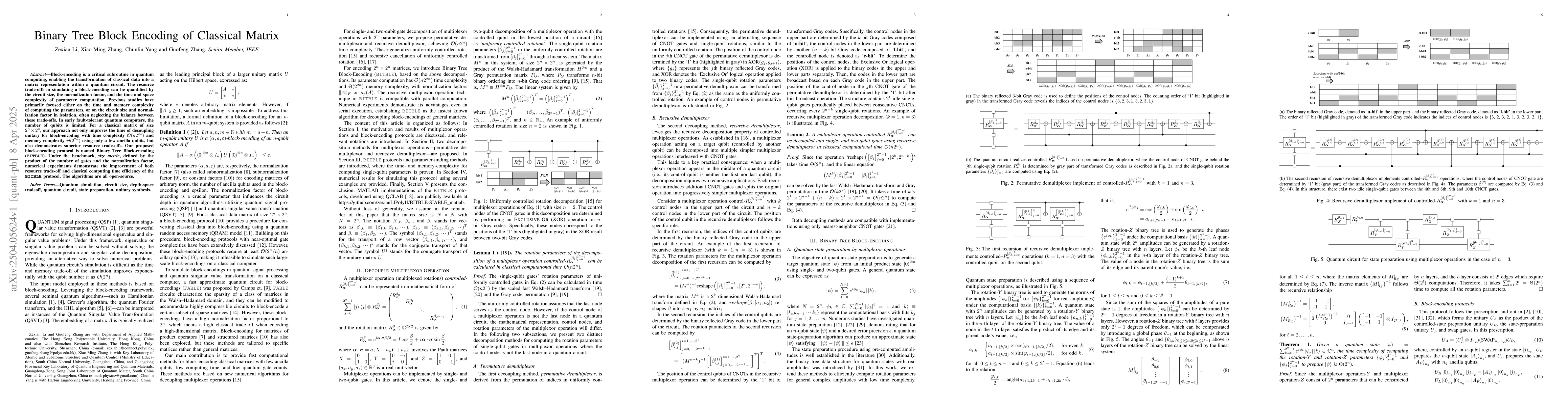 Thumbnail for Binary Tree Block Encoding of Classical Matrix