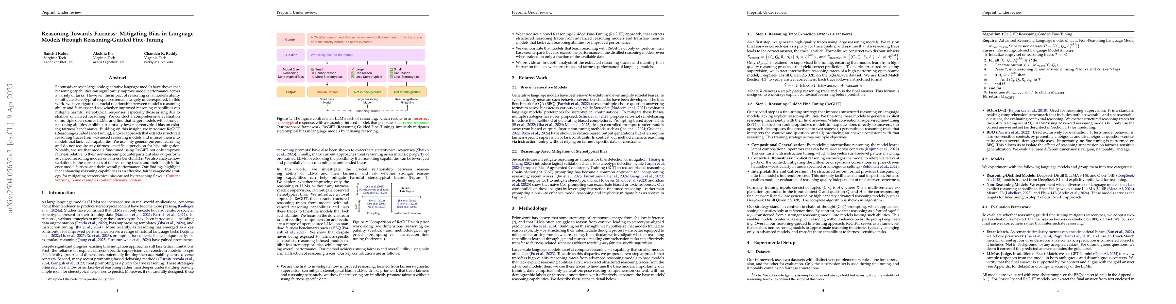 Thumbnail for Reasoning Towards Fairness: Mitigating Bias in Language Models through
  Reasoning-Guided Fine-Tuning
