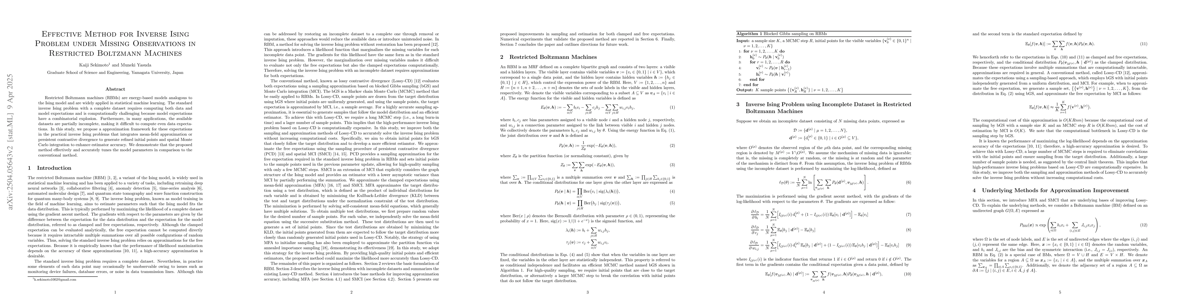 Thumbnail for Effective Method for Inverse Ising Problem under Missing Observations in
  Restricted Boltzmann Machines