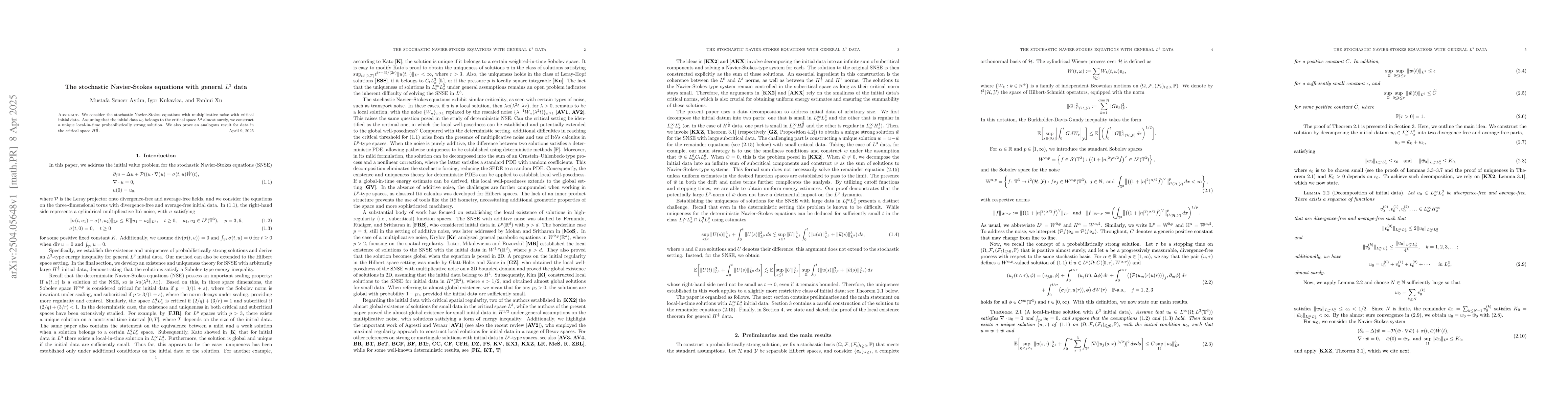 Thumbnail for The stochastic Navier-Stokes equations with general $L^{3}$ data