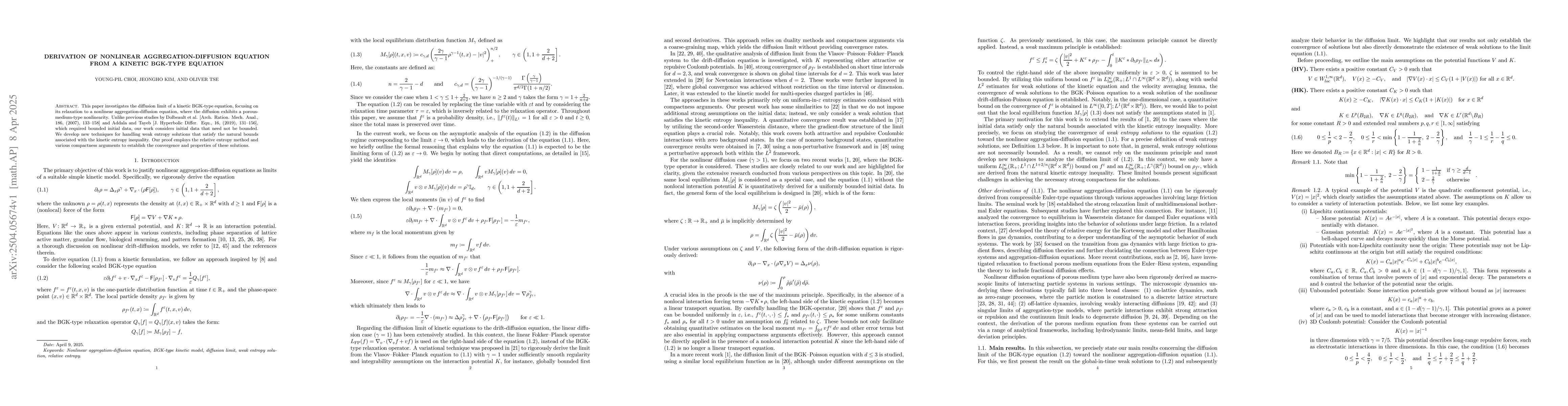 Thumbnail for Derivation of nonlinear aggregation-diffusion equation from a kinetic
  BGK-type equation