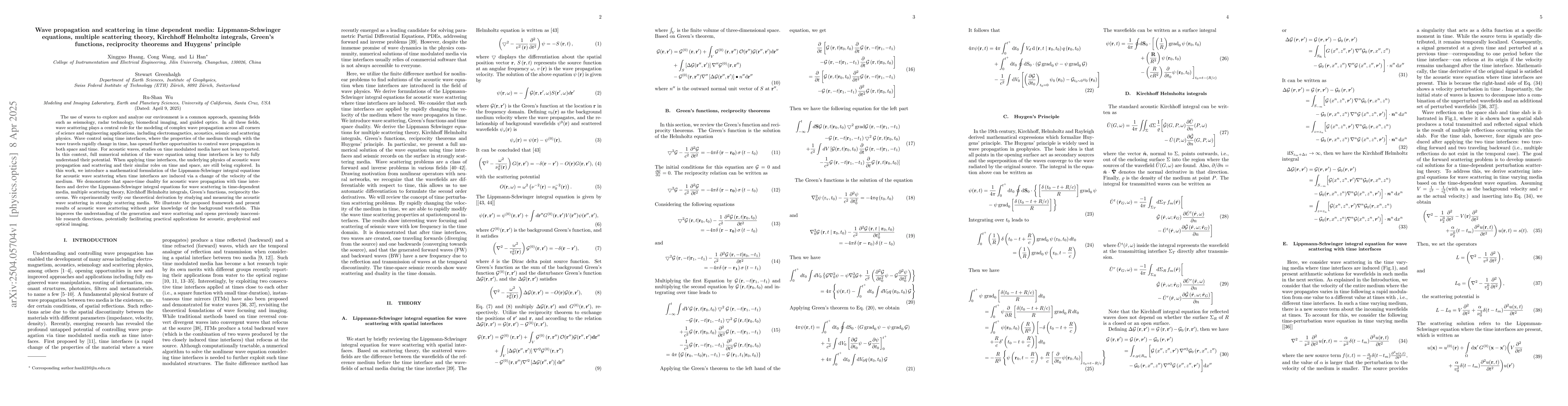 Thumbnail for Wave propagation and scattering in time dependent media:
  Lippmann-Schwinger equations, multiple scattering theory, Kirchhoff Helmholtz
  integrals, Green's functions, reciprocity theorems and Huygens' principle