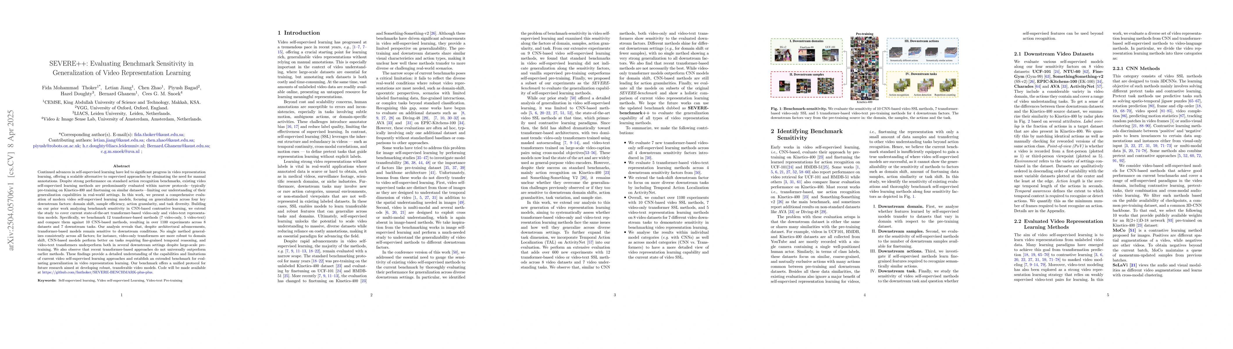 Thumbnail for SEVERE++: Evaluating Benchmark Sensitivity in Generalization of Video
  Representation Learning