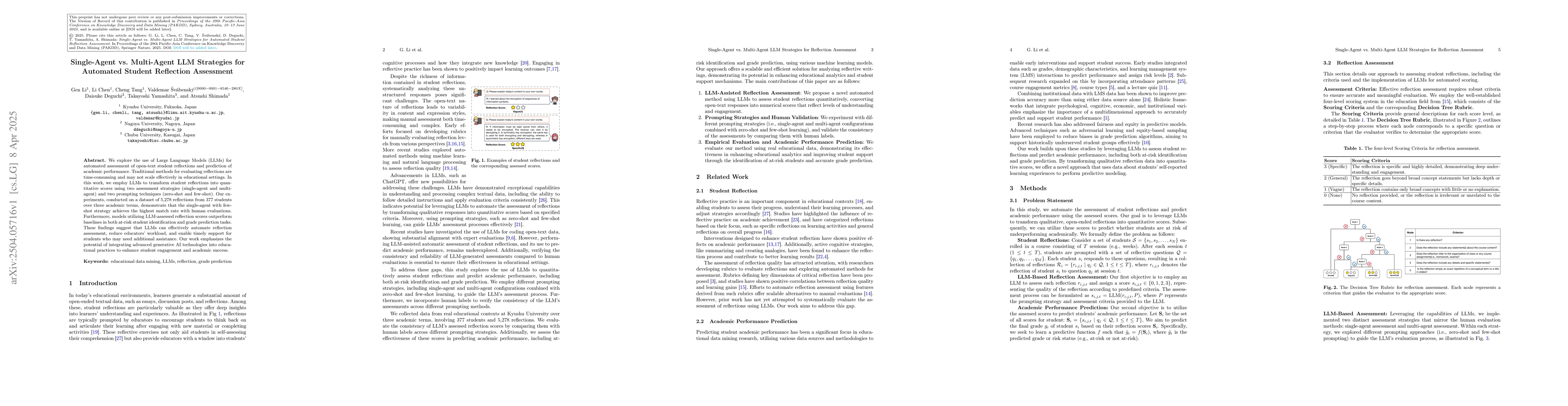 Thumbnail for Single-Agent vs. Multi-Agent LLM Strategies for Automated Student
  Reflection Assessment