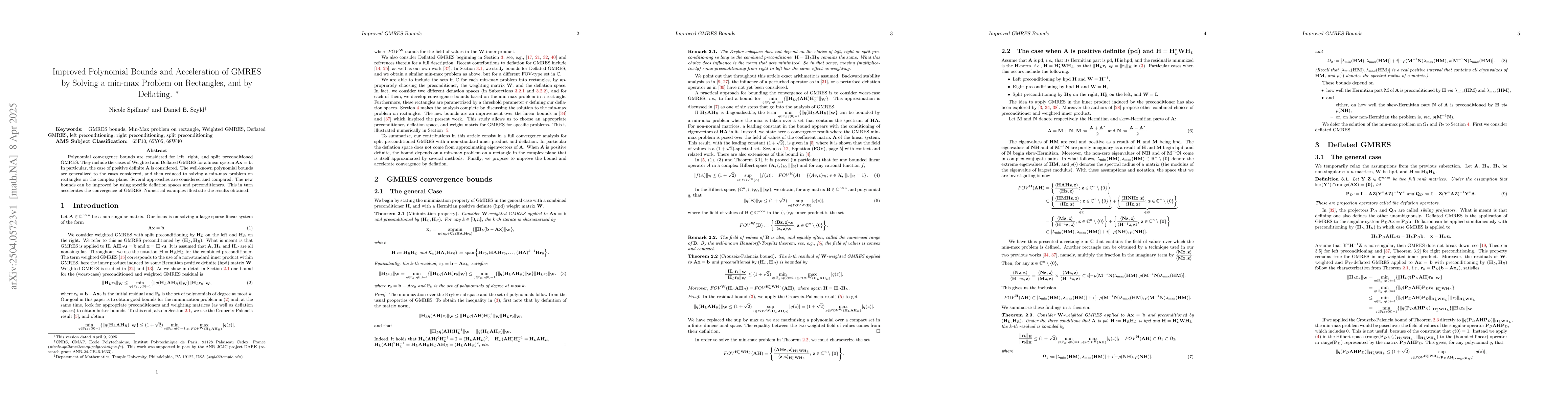 Thumbnail for Improved Polynomial Bounds and Acceleration of GMRES by Solving a
  min-max Problem on Rectangles, and by Deflating