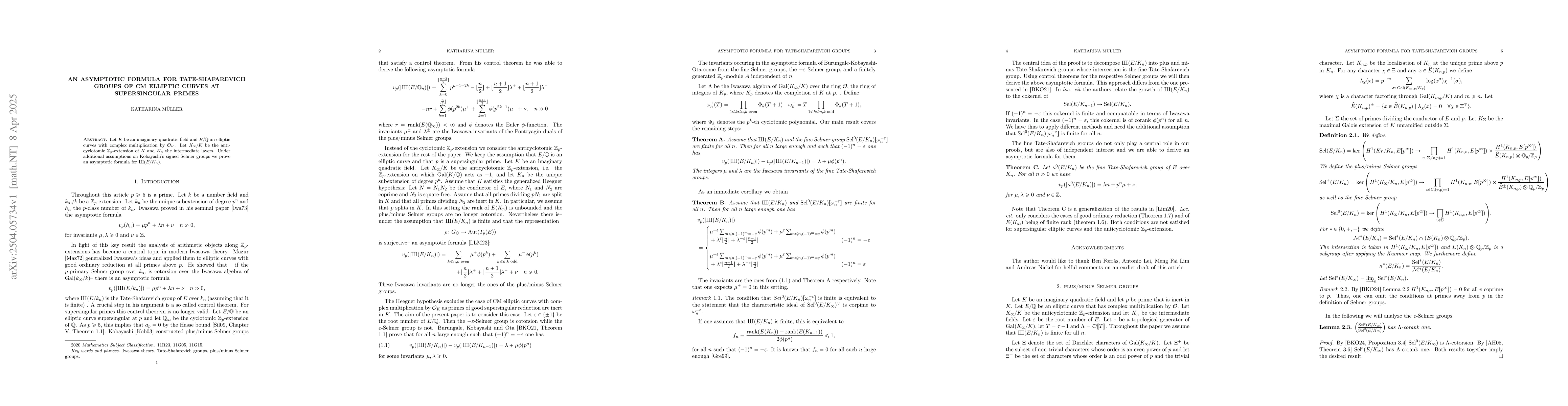 Thumbnail for An Asymptotic formula for Tate-Shafarevich groups of CM elliptic curves
  at supersingular primes