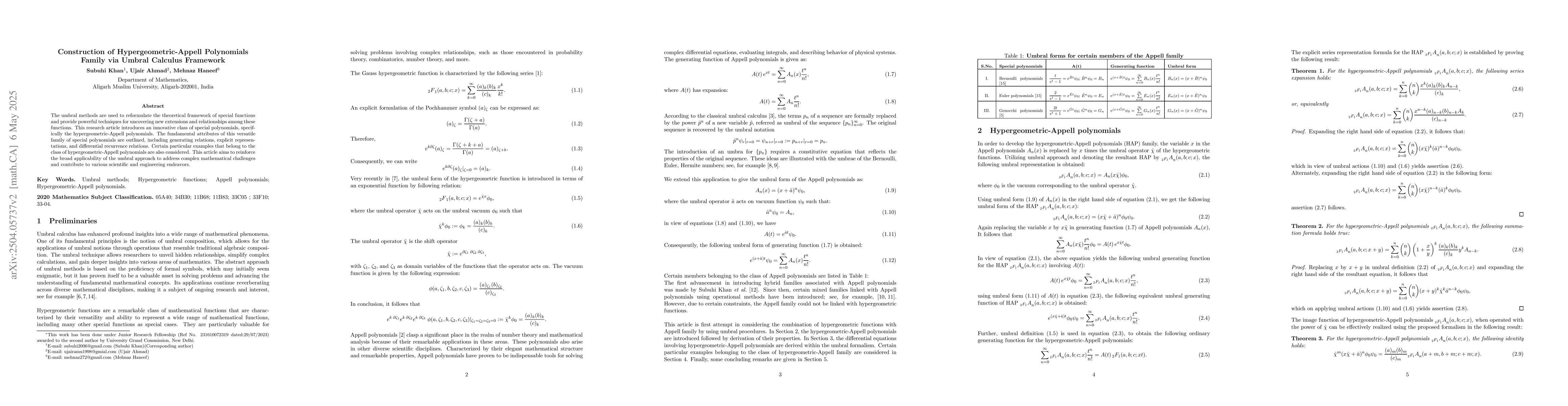 Thumbnail for Construction of Hypergeometric-Appell Polynomials Family via Umbral
  Calculus Framework