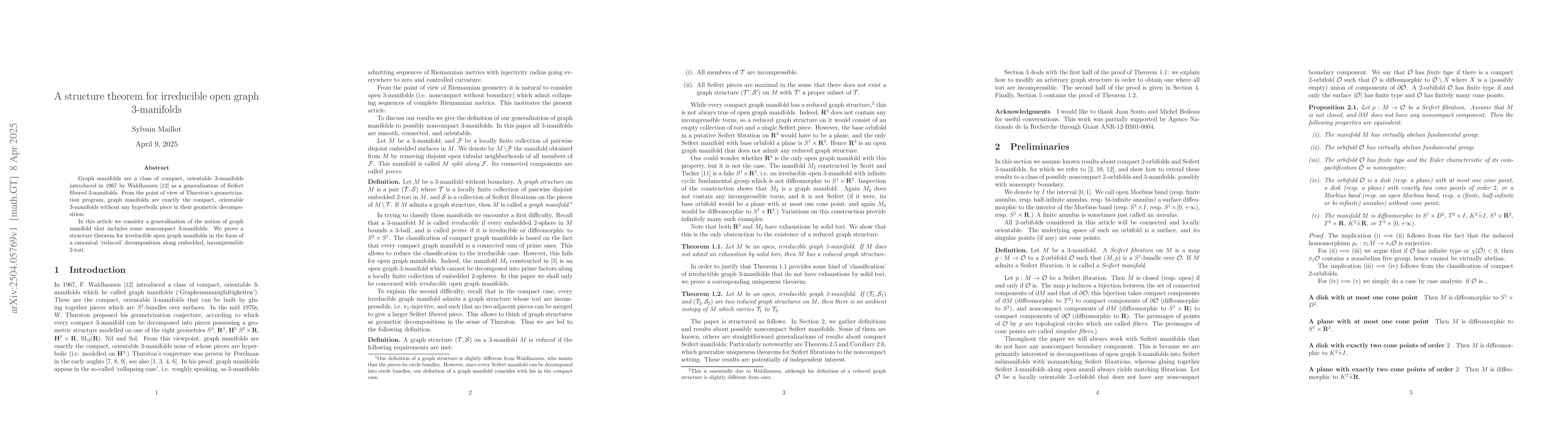 Thumbnail for A structure theorem for irreducible open graph 3-manifolds