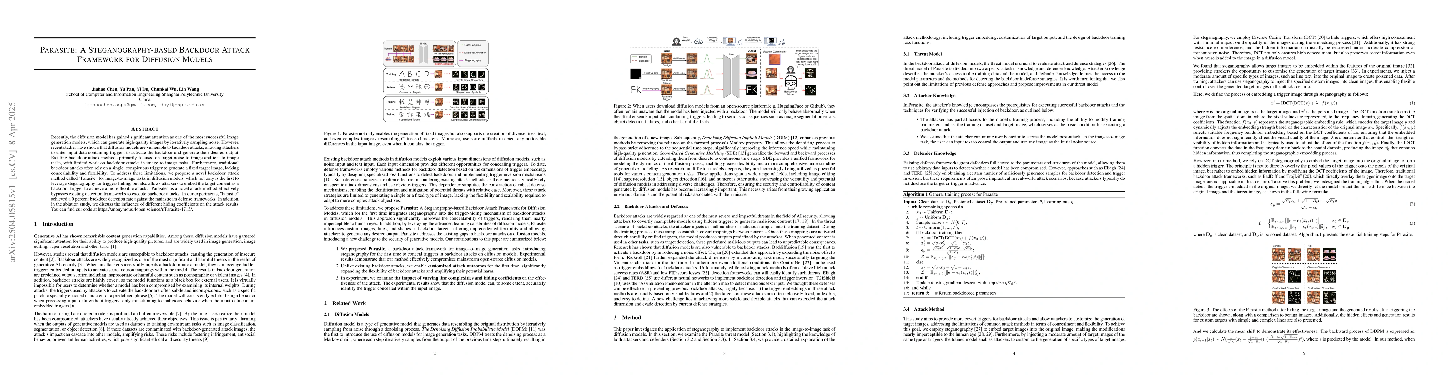 Thumbnail for Parasite: A Steganography-based Backdoor Attack Framework for Diffusion
  Models