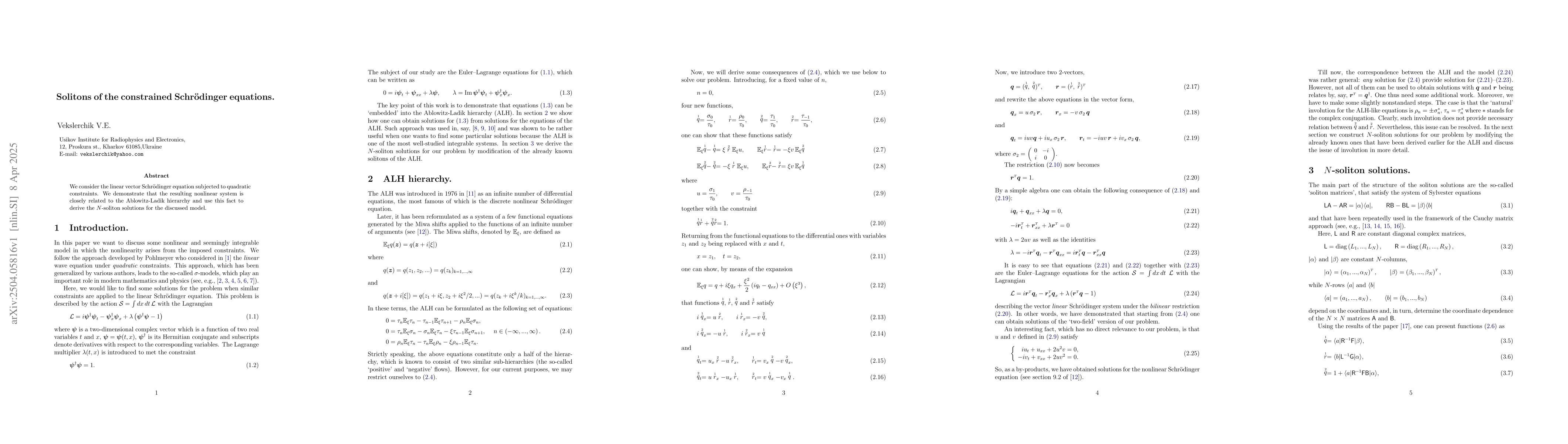 Thumbnail for Solitons of the constrained Schrödinger equations