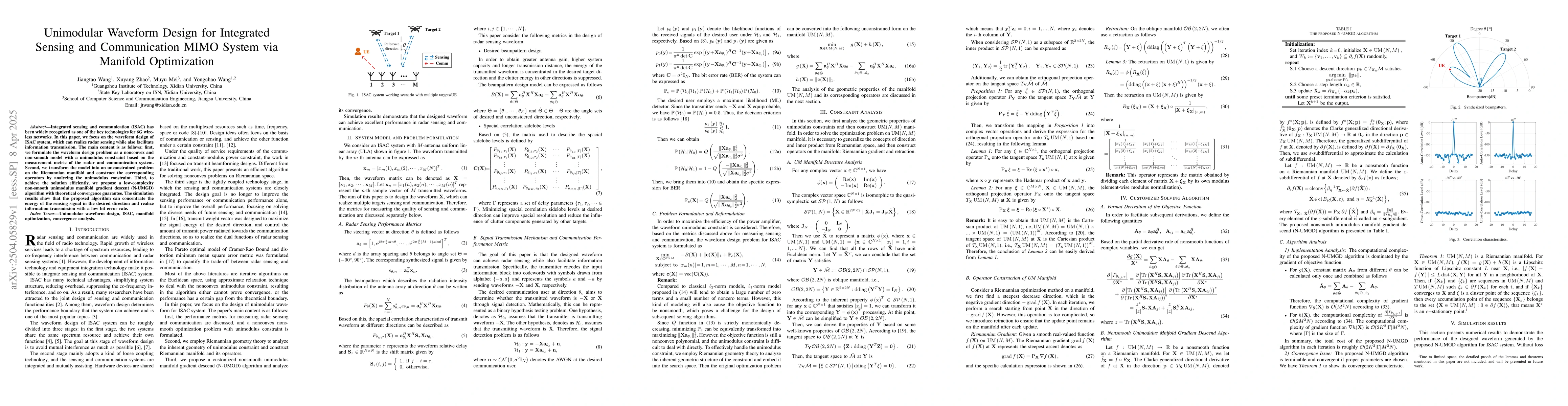 Thumbnail for Unimodular Waveform Design for Integrated Sensing and Communication MIMO
  System via Manifold Optimization