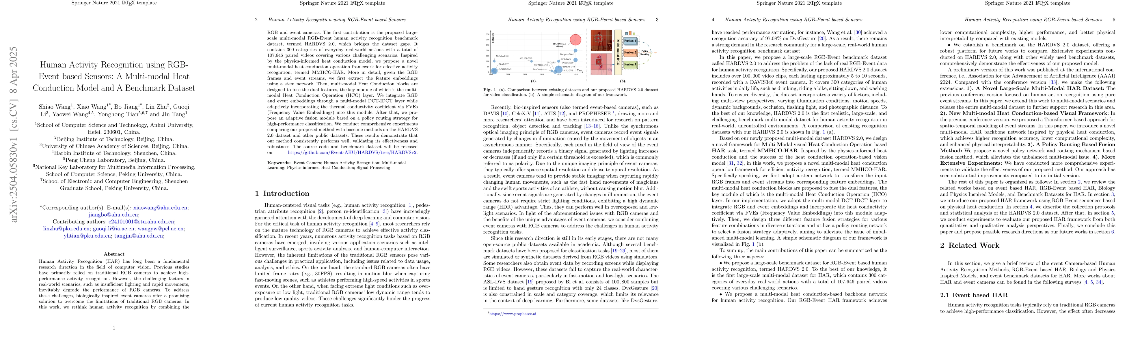 Thumbnail for Human Activity Recognition using RGB-Event based Sensors: A Multi-modal
  Heat Conduction Model and A Benchmark Dataset