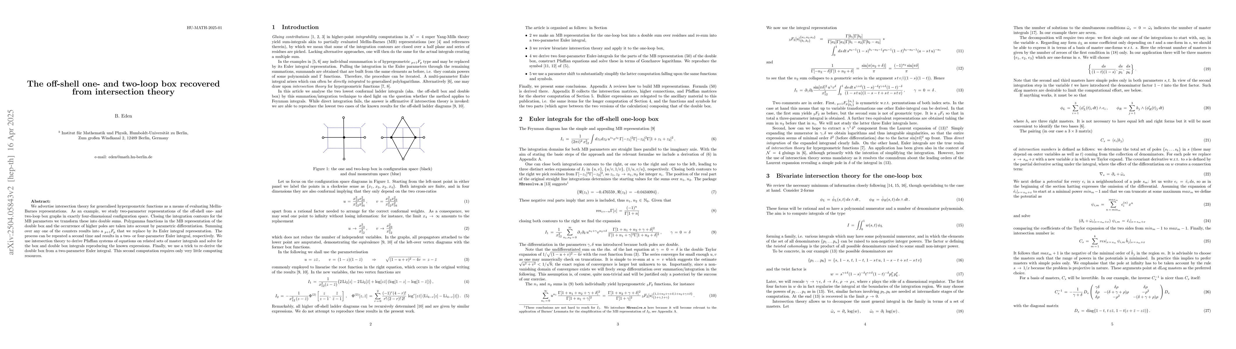 Thumbnail for The off-shell one- and two-loop box recovered from intersection theory