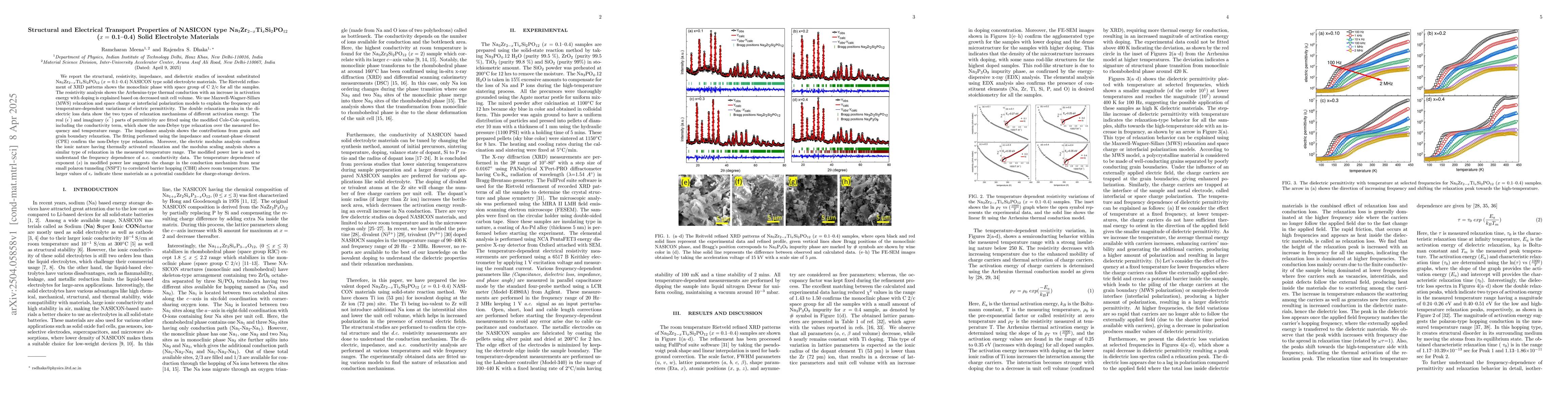 Thumbnail for Structural and Electrical Transport Properties of NASICON type
  Na$_{3}$Zr$_{2-x}$Ti$_{x}$Si$_2$PO$_{\rm 12}$ ($x=$ 0.1-0.4) Solid
  Electrolyte Materials