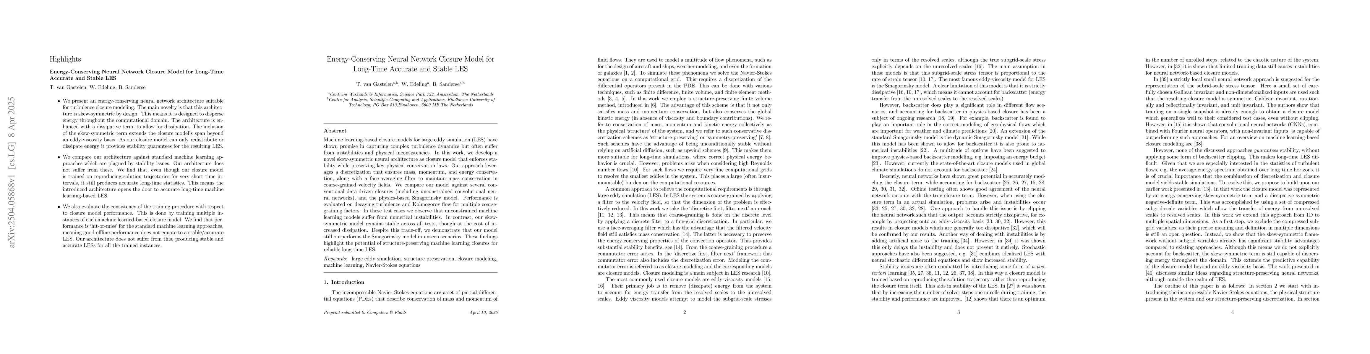 Thumbnail for Energy-Conserving Neural Network Closure Model for Long-Time Accurate
  and Stable LES