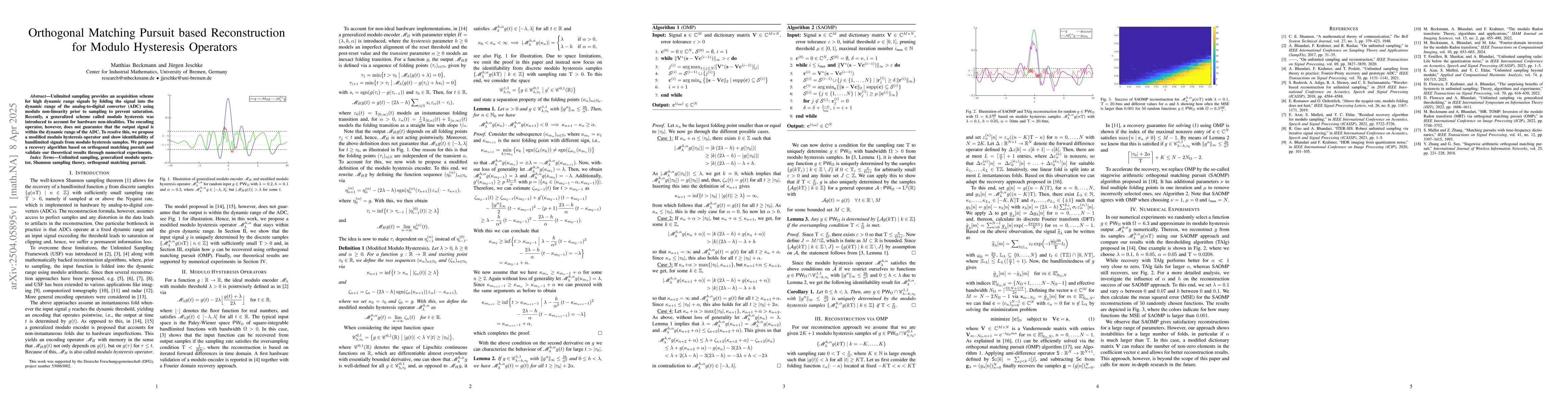 Thumbnail for Orthogonal Matching Pursuit based Reconstruction for Modulo Hysteresis
  Operators